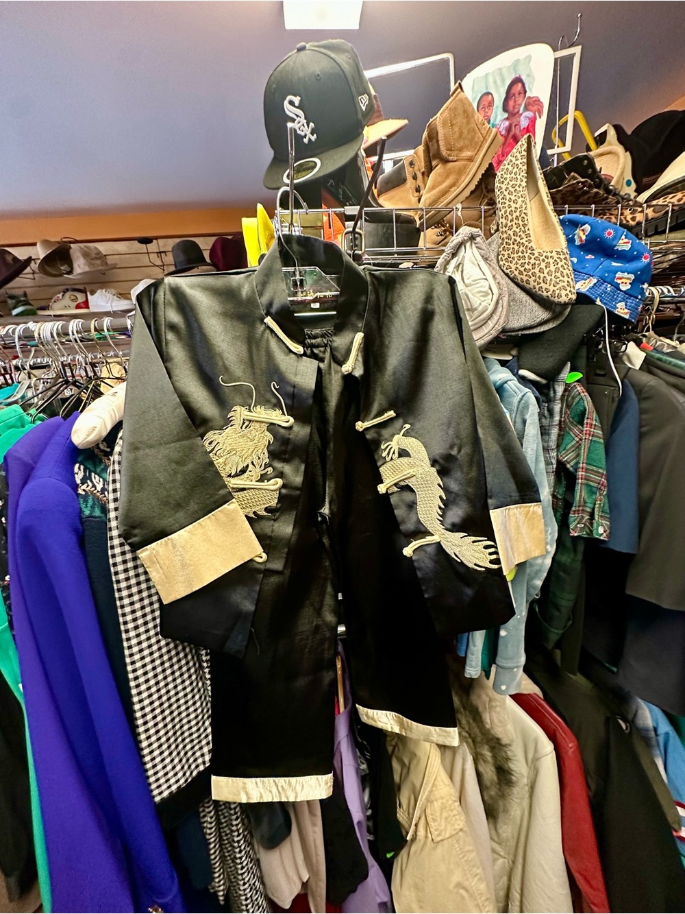Kids Black Trench Coat Set with Gold Dragon Embroidery